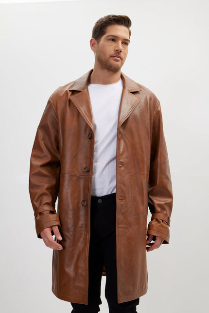 Men's Belted Leather Trench Coat - Cognac | Ron Tomson