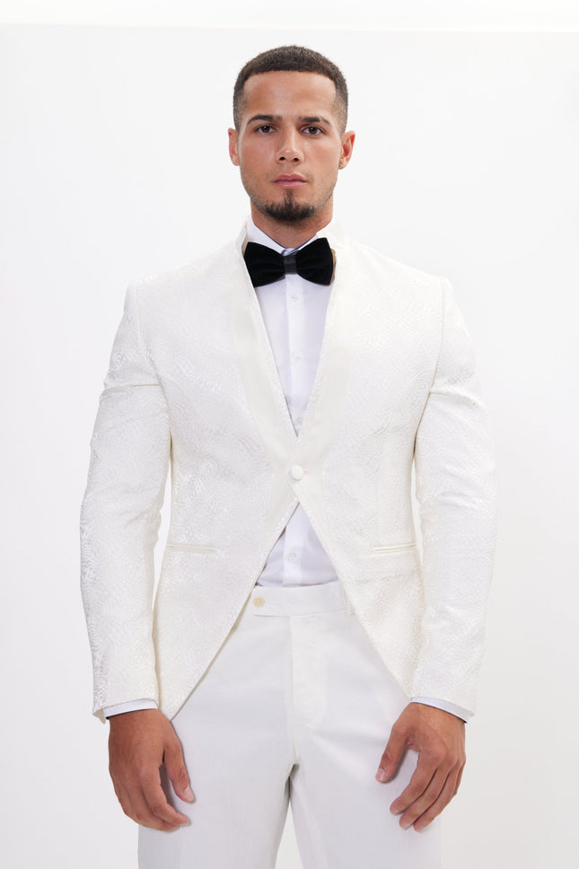 Men's Embellished Mandarin Collar Tuxedo Jacket - White | Ron Tomson