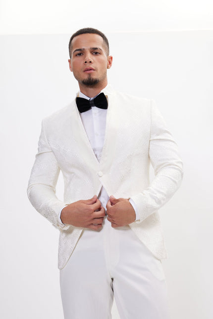 Men's Embellished Mandarin Collar Tuxedo Jacket - White | Ron Tomson