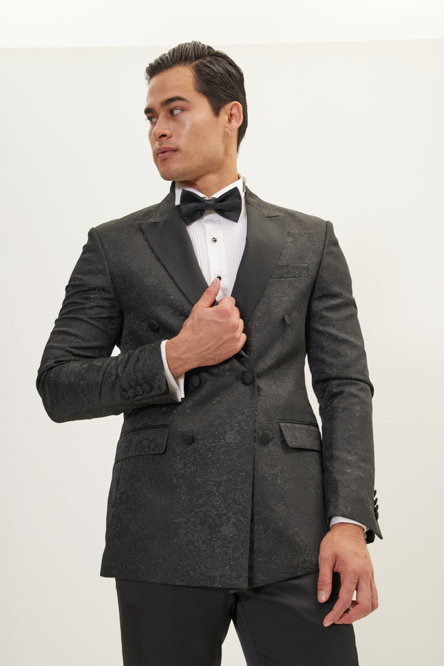 Men's Double-Breasted Metallic Floral Tuxedo Jacket - Black | Ron Tomson