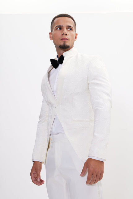 Men's Embellished Mandarin Collar Tuxedo Jacket - White | Ron Tomson