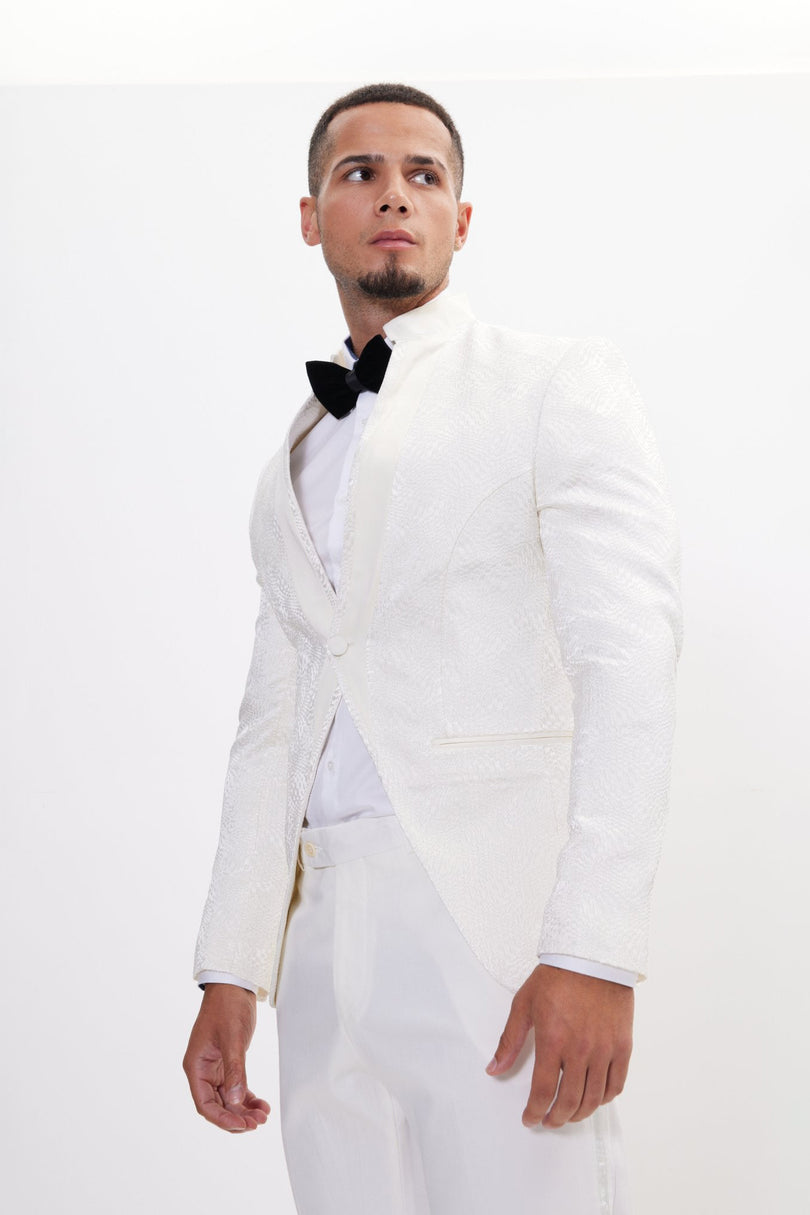 Men's Embellished Mandarin Collar Tuxedo Jacket - White | Ron Tomson