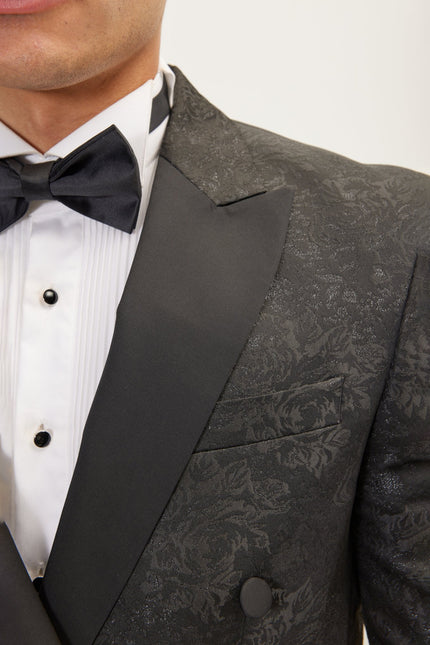 Men's Double-Breasted Metallic Floral Tuxedo Jacket - Black | Ron Tomson