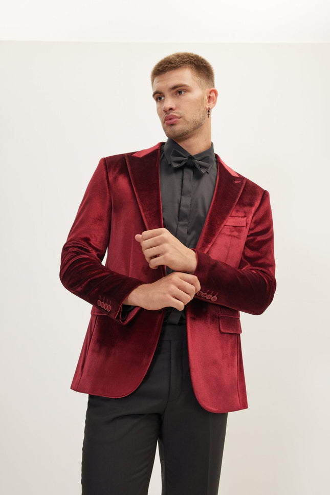 Peak Lapel Velvet Dinner Jacket - Burgundy