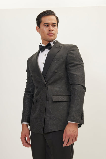 Men's Double-Breasted Metallic Floral Tuxedo Jacket - Black | Ron Tomson
