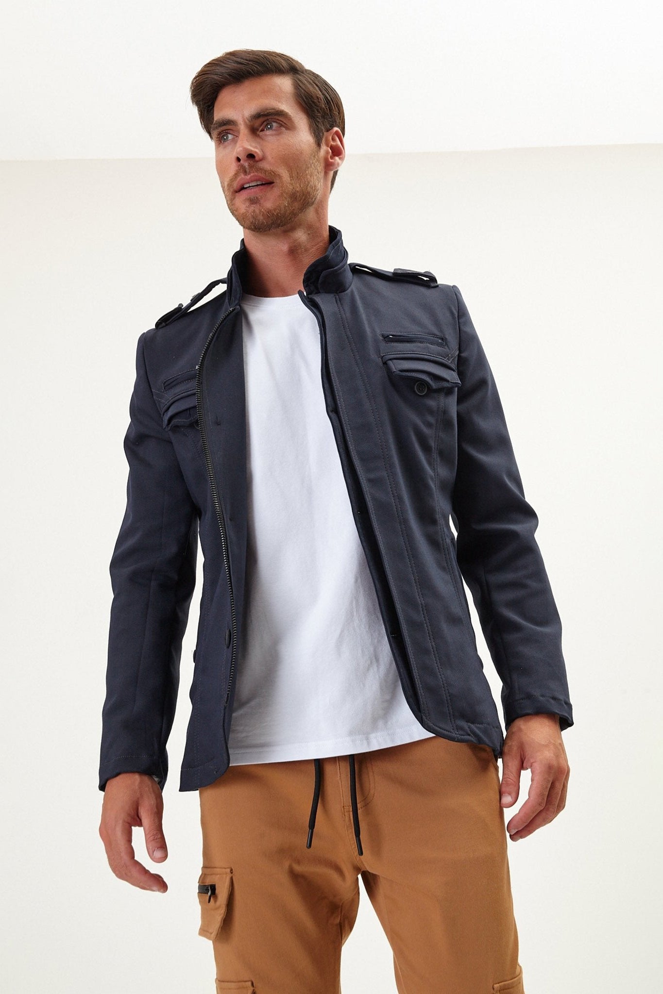 Men's Epaulette Mandarin Collar Field Jacket - Navy | Ron Tomson
