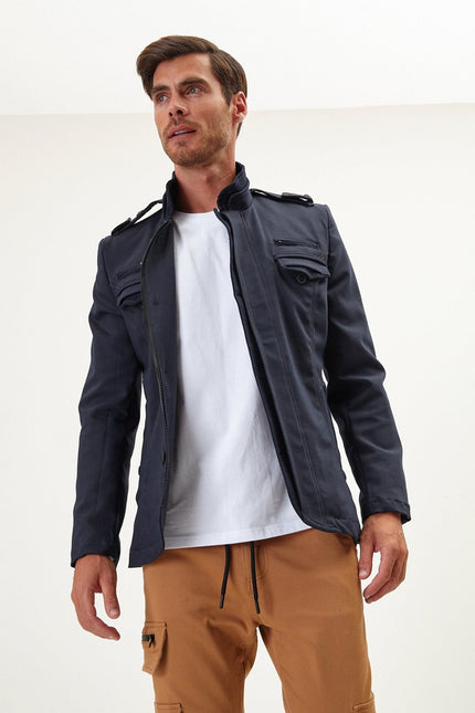 Men's Epaulette Mandarin Collar Field Jacket - Navy | Ron Tomson