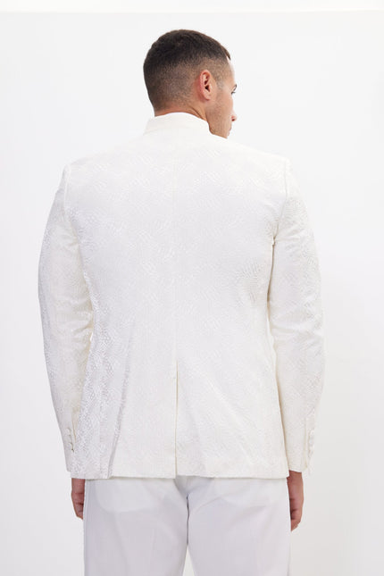 Men's Embellished Mandarin Collar Tuxedo Jacket - White | Ron Tomson