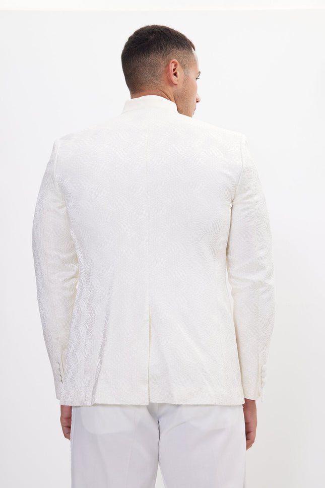 Men's Embellished Mandarin Collar Tuxedo Jacket - White | Ron Tomson