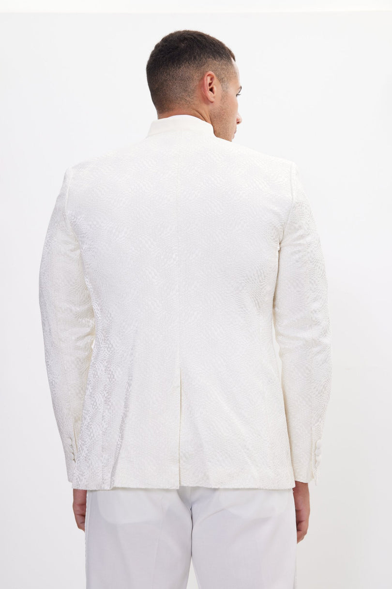 Men's Embellished Mandarin Collar Tuxedo Jacket - White | Ron Tomson
