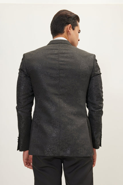 Men's Double-Breasted Metallic Floral Tuxedo Jacket - Black | Ron Tomson