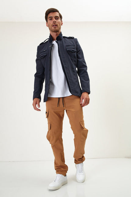 Men's Epaulette Mandarin Collar Field Jacket - Navy | Ron Tomson