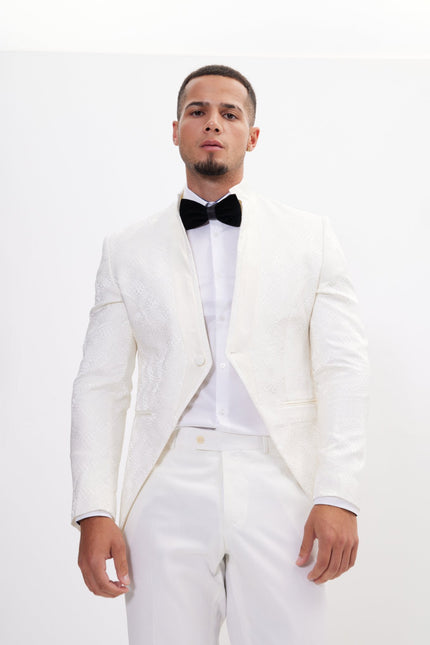Men's Embellished Mandarin Collar Tuxedo Jacket - White | Ron Tomson