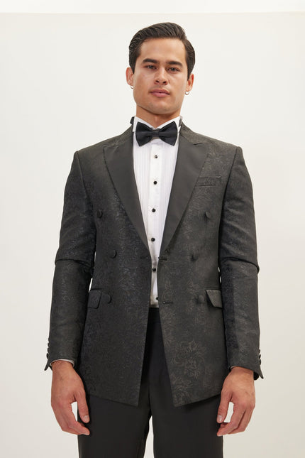 Men's Double-Breasted Metallic Floral Tuxedo Jacket - Black | Ron Tomson