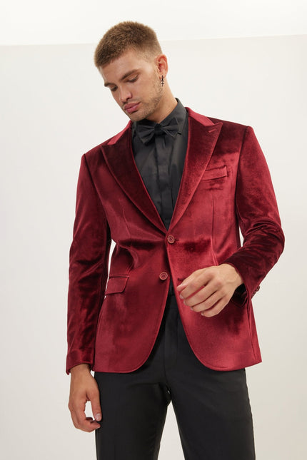 Men's Peak Lapel Velvet Dinner Jacket - Burgundy | Ron Tomson