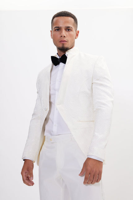Men's Embellished Mandarin Collar Tuxedo Jacket - White | Ron Tomson