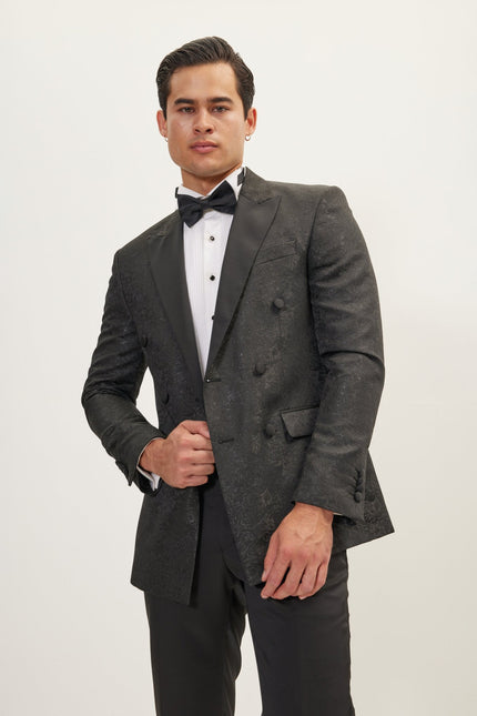 Men's Double-Breasted Metallic Floral Tuxedo Jacket - Black | Ron Tomson