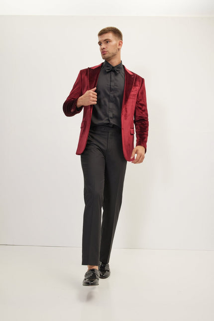 Men's Peak Lapel Velvet Dinner Jacket - Burgundy | Ron Tomson