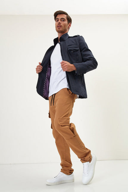 Men's Epaulette Mandarin Collar Field Jacket - Navy | Ron Tomson