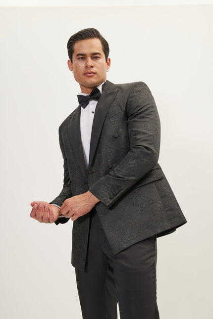 Men's Double-Breasted Metallic Floral Tuxedo Jacket - Black | Ron Tomson