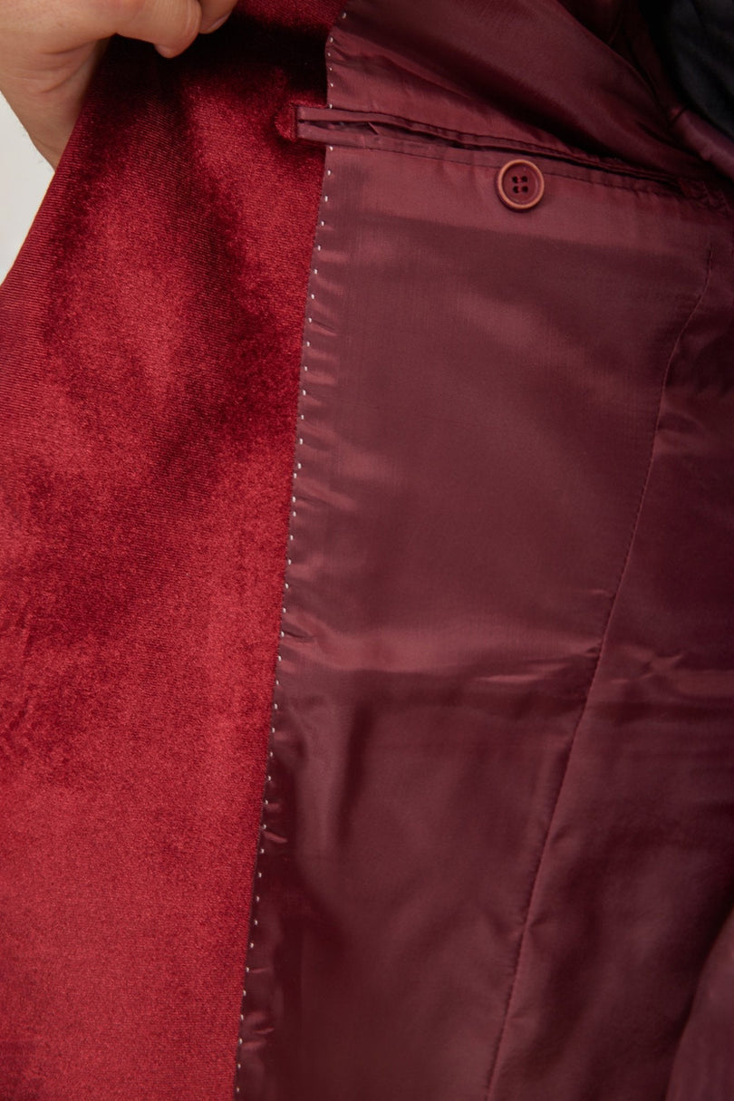Men's Peak Lapel Velvet Dinner Jacket - Burgundy | Ron Tomson