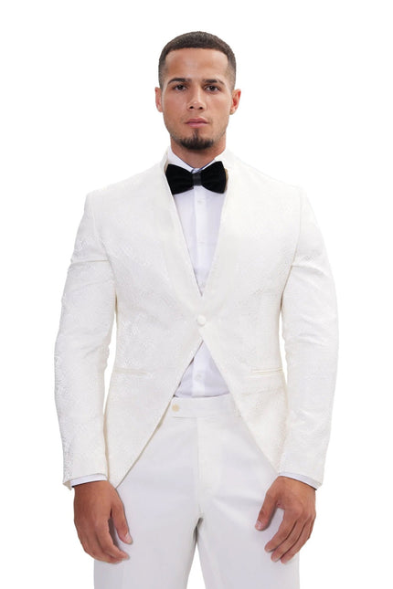 Men's Embellished Mandarin Collar Tuxedo Jacket - White | Ron Tomson