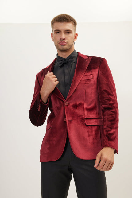 Men's Peak Lapel Velvet Dinner Jacket - Burgundy | Ron Tomson