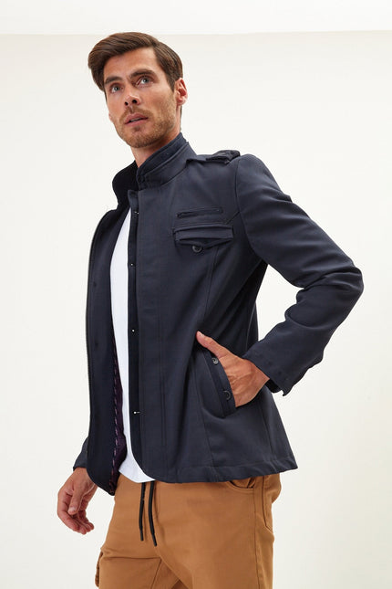 Men's Epaulette Mandarin Collar Field Jacket - Navy | Ron Tomson