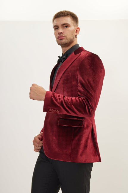 Men's Peak Lapel Velvet Dinner Jacket - Burgundy | Ron Tomson