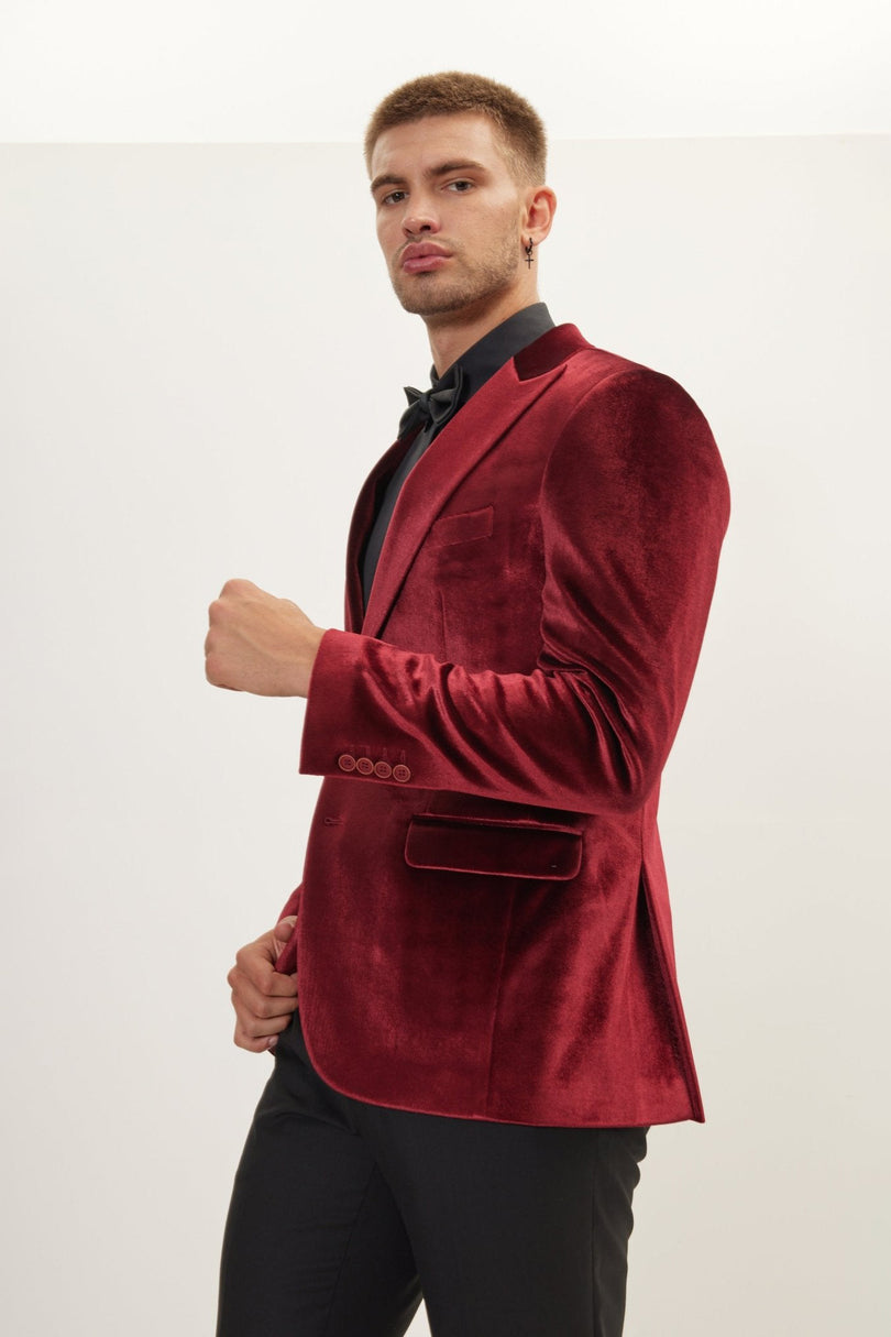 Men's Peak Lapel Velvet Dinner Jacket - Burgundy | Ron Tomson