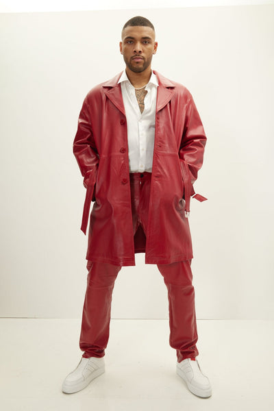 ジャケット・アウター TornadoMart Red Leather Belted Long Coat Men's Belted Leather Trench Coat - Valentine Red | Ron Tomson