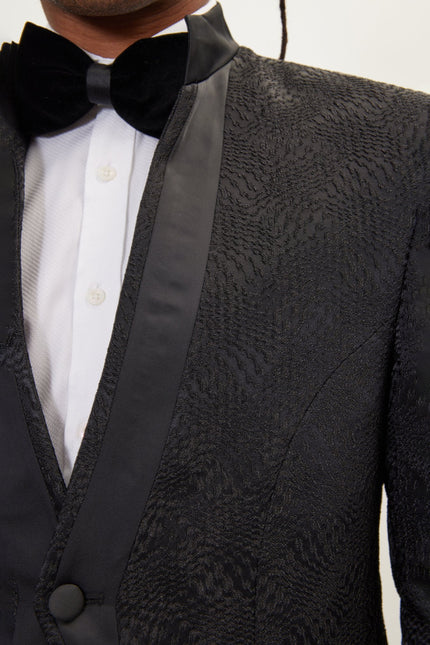 Men's Embellished Mandarin Collar Tuxedo Jacket - Black | Ron Tomson