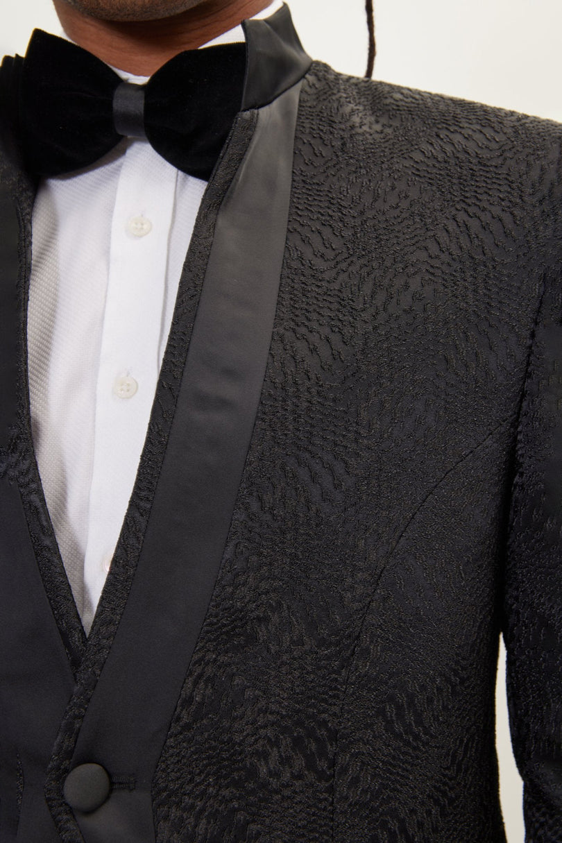 Men's Embellished Mandarin Collar Tuxedo Jacket - Black | Ron Tomson