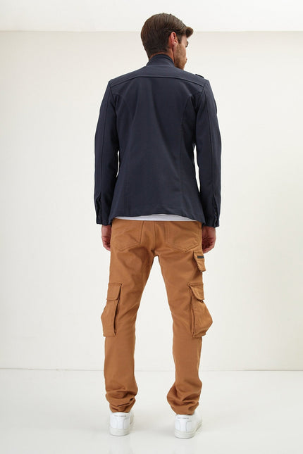 Men's Epaulette Mandarin Collar Field Jacket - Navy | Ron Tomson