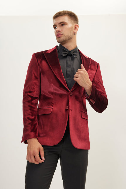 Men's Peak Lapel Velvet Dinner Jacket - Burgundy | Ron Tomson