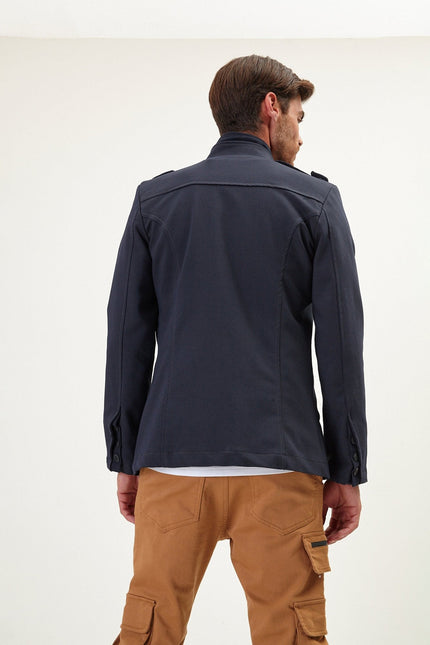 Men's Epaulette Mandarin Collar Field Jacket - Navy | Ron Tomson