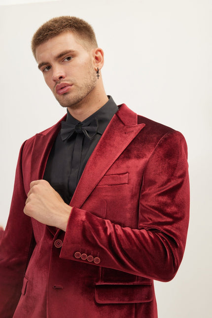 Men's Peak Lapel Velvet Dinner Jacket - Burgundy | Ron Tomson