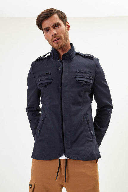 Men's Epaulette Mandarin Collar Field Jacket - Navy | Ron Tomson