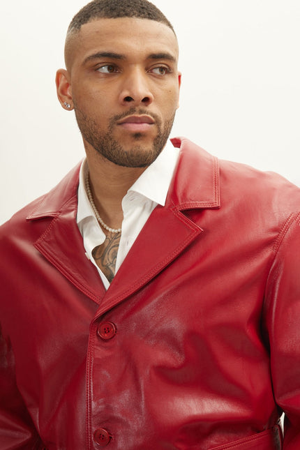 Men's Belted Leather Trench Coat - Valentine Red | Ron Tomson