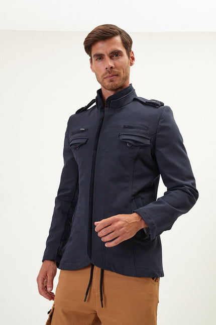 Men's Epaulette Mandarin Collar Field Jacket - Navy | Ron Tomson