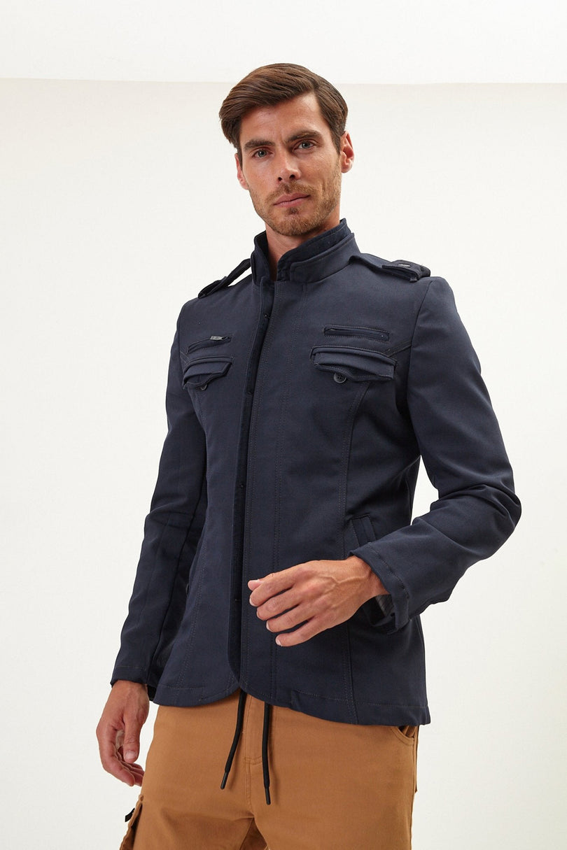 Men's Epaulette Mandarin Collar Field Jacket - Navy | Ron Tomson