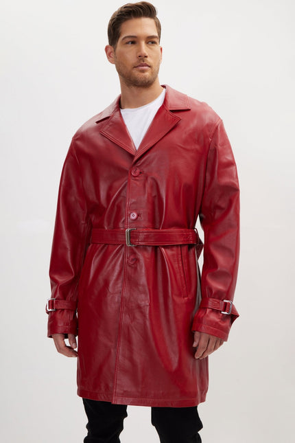 Men's Belted Leather Trench Coat - Valentine Red | Ron Tomson