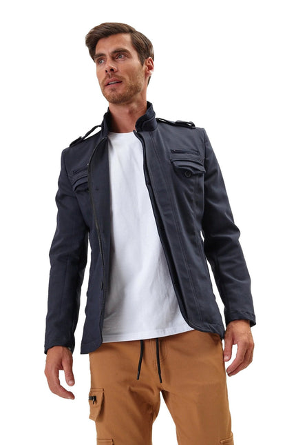 Men's Epaulette Mandarin Collar Field Jacket - Navy | Ron Tomson