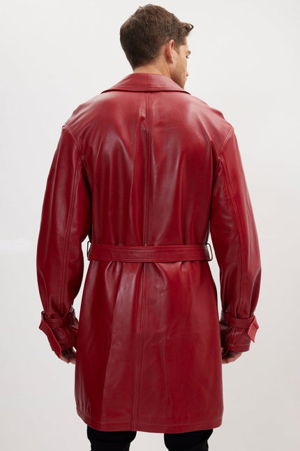 Men's Belted Leather Trench Coat - Valentine Red | Ron Tomson