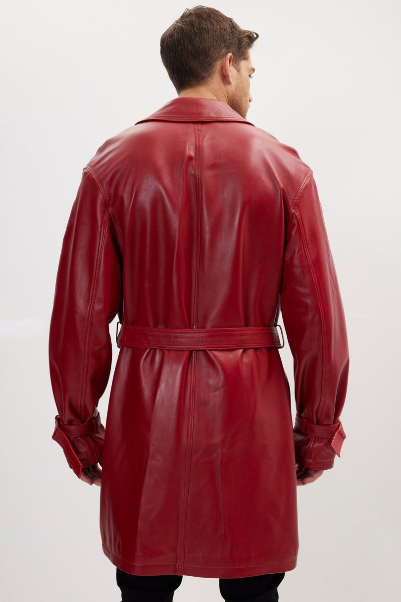 Men's Belted Leather Trench Coat - Valentine Red | Ron Tomson