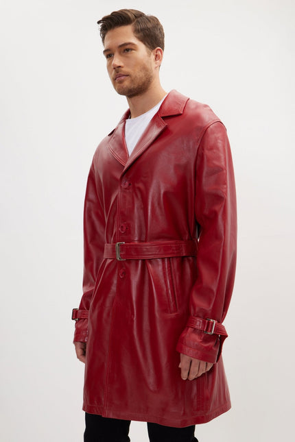 Men's Belted Leather Trench Coat - Valentine Red | Ron Tomson