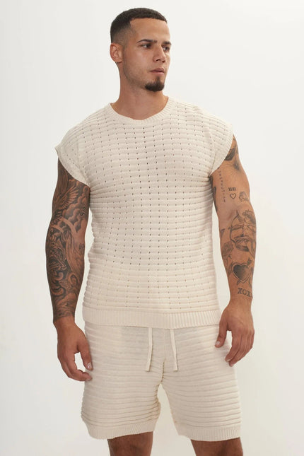 Men's Eyelet short sleeve Knit Top and Shorts Set - Beige | Ron Tomson