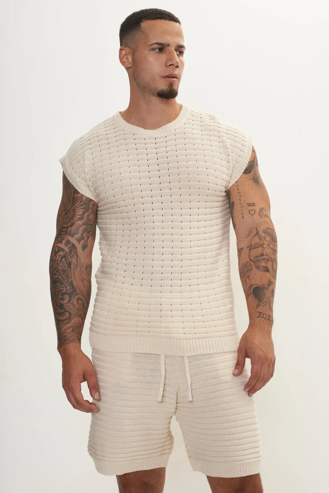 Eyelet short sleeve Knit Top and Shorts Set - Beige