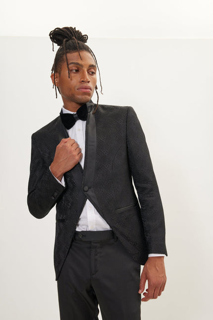 Men's Embellished Mandarin Collar Tuxedo Jacket - Black | Ron Tomson