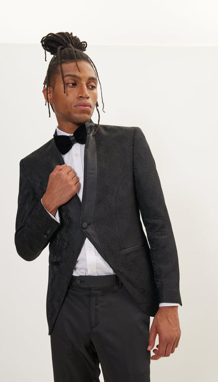 Men's Embellished Mandarin Collar Tuxedo Jacket - Black